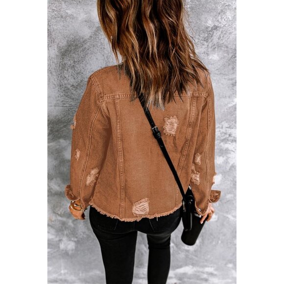 Brand New Women's A-Brown Cotton Necooer Distressed Button-Up Boyfriend Jacket - Picture 4 of 7
